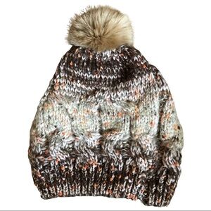 Eyeful Cable Knit Brown and Orange Lined Beanie Pom Hat